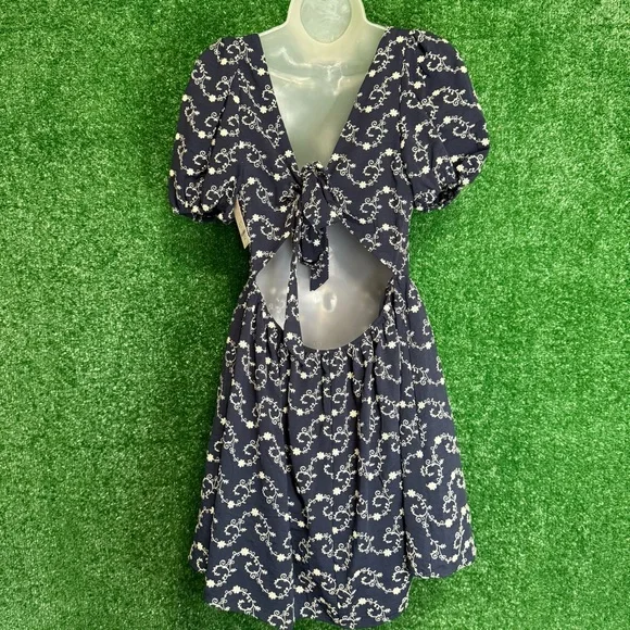 Francesca's Collection Gena Tie Back Embroidered Navy Puff Sleeve Mini Dress - Picture 7 of 16
